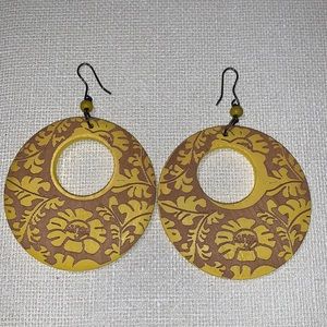 Carved Wood Yellow Earrings